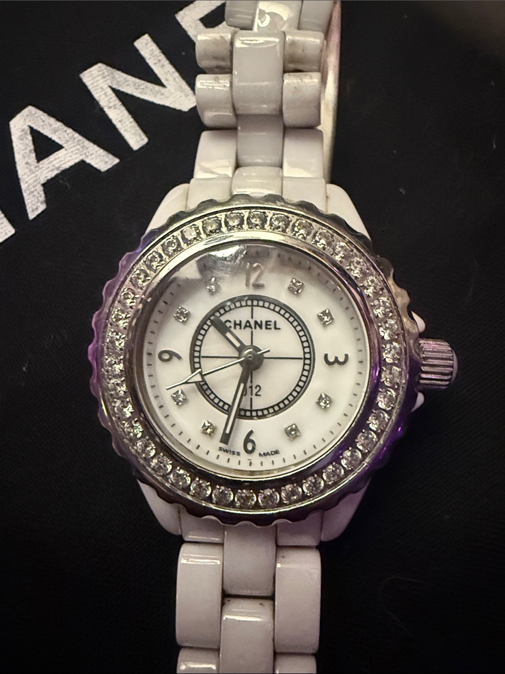 CHANEL White Ceramic Watch with Crystal Bezel